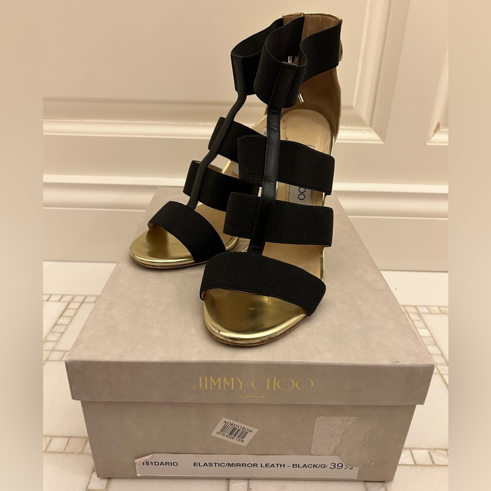Jimmy Choo Elastic/Mirror Leather Black/Gold ankle sandal